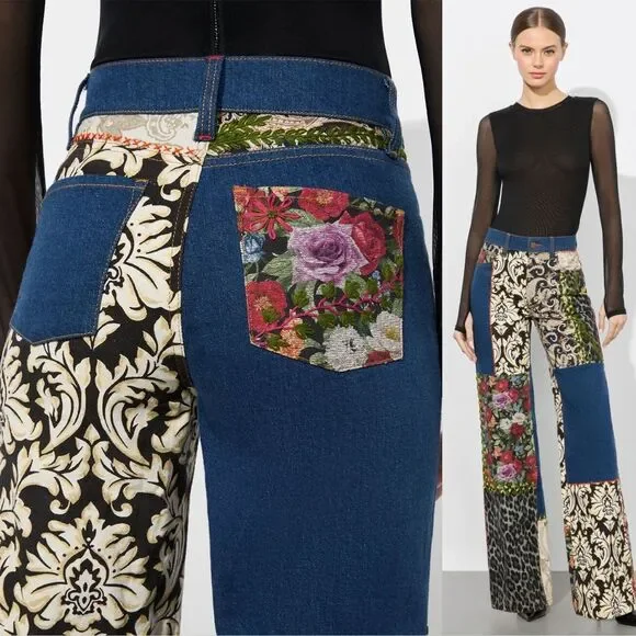 ALICE + OLIVIA Weezy Patchwork Mixed Media Jeans - Picture 4 of 11